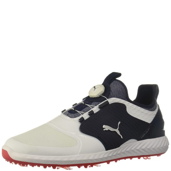 PUMA MENS IGNITE PWRADAPT CAGED DISC GOLF SHOE, PUMA WHITE-PUMA SILVER-PEAC